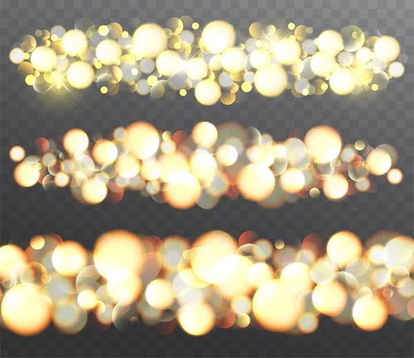 Gouden gloeiende effecten met sparkles. Knipperende glitter branden op transparante achtergrond. — Stockvector