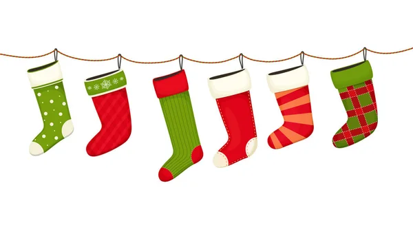 Christmas stockings. Hanging  New year decorations for gifts. — Stock Vector