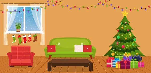 Χριστούγεννα εσωτερικό δωματίου με καναπέ, γραφείο. — Διανυσματικό Αρχείο