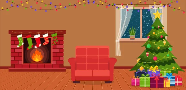 Χριστούγεννα εσωτερικό δωμάτιο με τζάκι. — Διανυσματικό Αρχείο