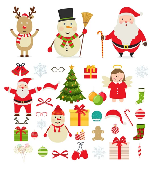 Christmas characters and festive new year decorations. — Stock Vector