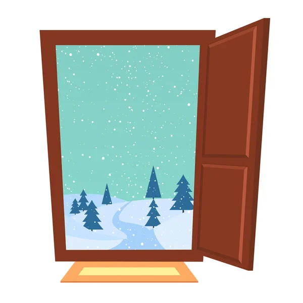 Open door in winter. New Year Christmas snowfall in the hills outside. — Stock Vector