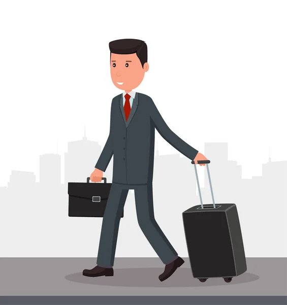 Businessman with luggage goes to the airport. Business trip. — Stock Vector