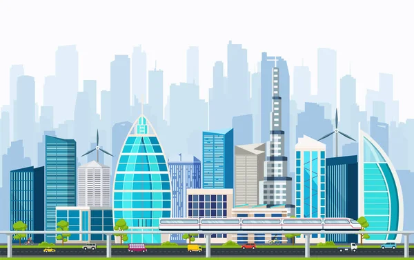 Smart City mit großen modernen Gebäuden und Verkehrsknotenpunkt. — Stockvektor