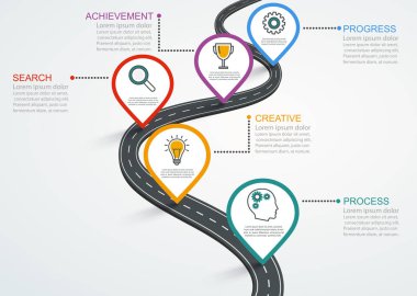 Yol Infographic işaretçilerle, zaman çizelgesi ile iş ikonları/simgeleri. 