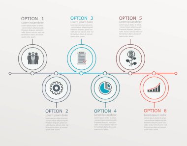 Zaman çizelgesi, infographics Şablon 6 adımlar ile kademeli yapısı ile.