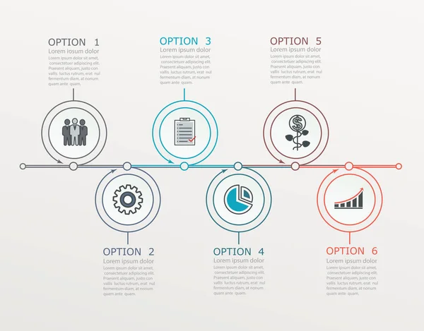Linha do tempo, modelo de infográficos com estrutura stepwise com 6 passos . — Vetor de Stock
