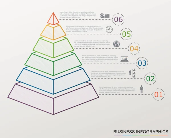 Pirámide infográfica con números e iconos de negocios, estilo de línea , — Vector de stock