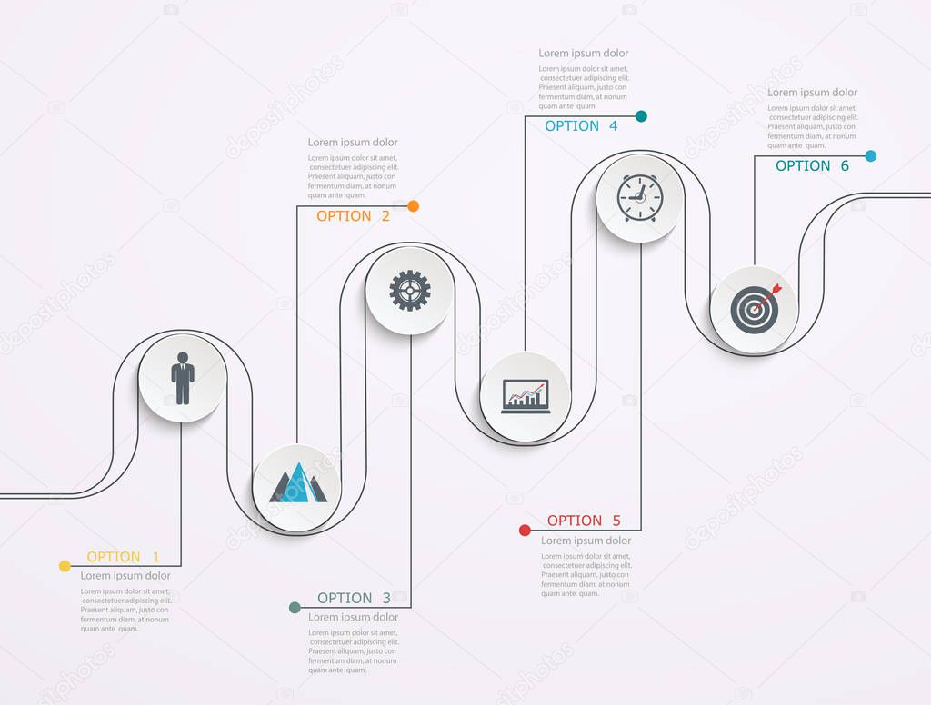 Timeline, infographics template with stepwise structure with 6 steps.