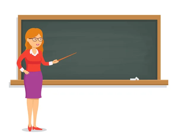 Vrouwelijke leraar lesgeven een les op het schoolbord. — Stockvector