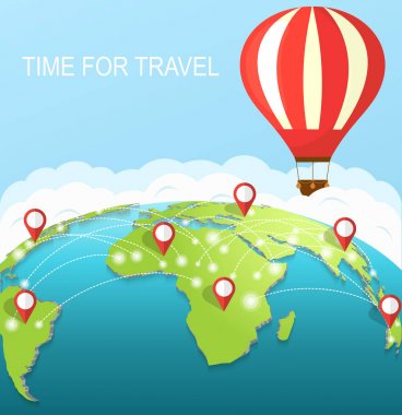 Seyahat zamanı geldi. Dünya çevresinde gökyüzünde bir hava balonu. 