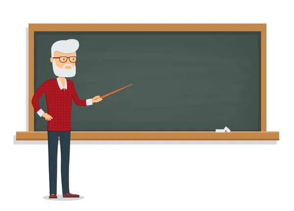 Senior male teacher teaches a lesson on the chalkboard. — Stock Vector