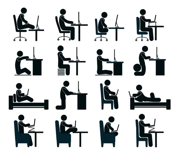 Mala y buena posición de trabajo del humano en la computadora en la silla de oficina, en la cama . — Archivo Imágenes Vectoriales