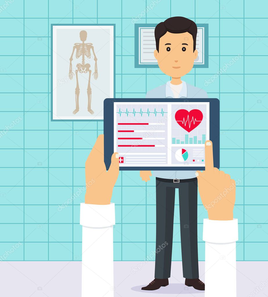 Patient at the doctor. Conducting heart diagnostics using applications on your tablet. 