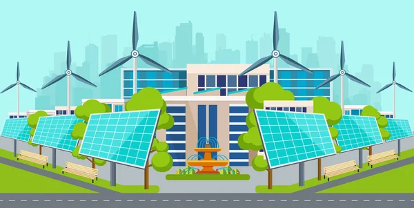 Painéis solares com turbinas eólicas em cidade ecologicamente limpa . — Vetor de Stock