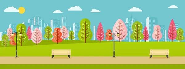 Parque público de primavera con árboles de color rosa, rojo, verde y una vista de la ciudad — Vector de stock