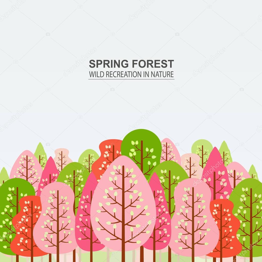 Spring forest with pink, red and green trees. Camping