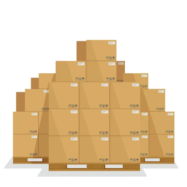 Cajas de entrega en una paleta de madera. Cajas de carga de cartón con fr — Vector de stock