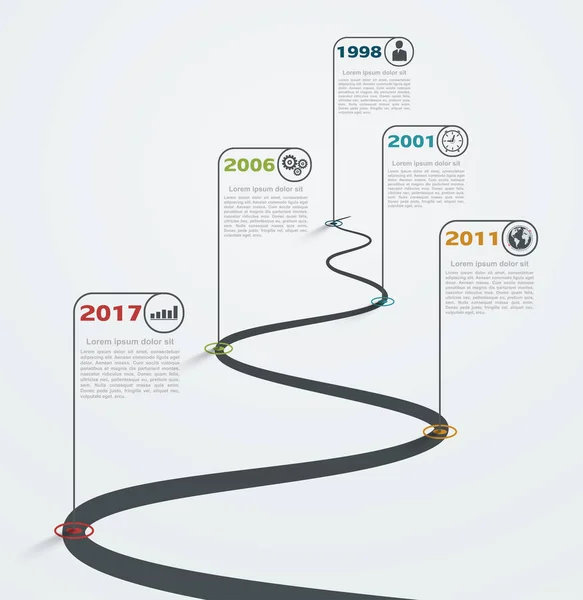 Road infographic med pekare, tidslinjen med business ikoner. Stepping struktur utveckling. — Stock vektor