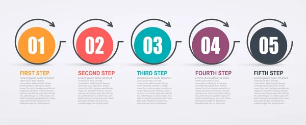 5 단계 구조와 화살표 Infographic 디자인 서식 파일. 비즈니스 성공 개념, 원형 차트 라인. — 스톡 벡터