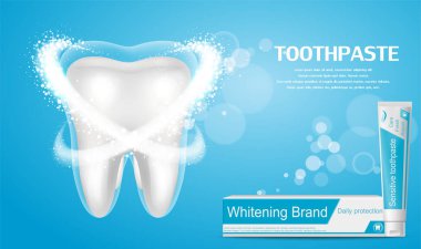 Whitening toothpaste ad. Big healthy tooth on blue background with aroma of mint toothpaste. clipart