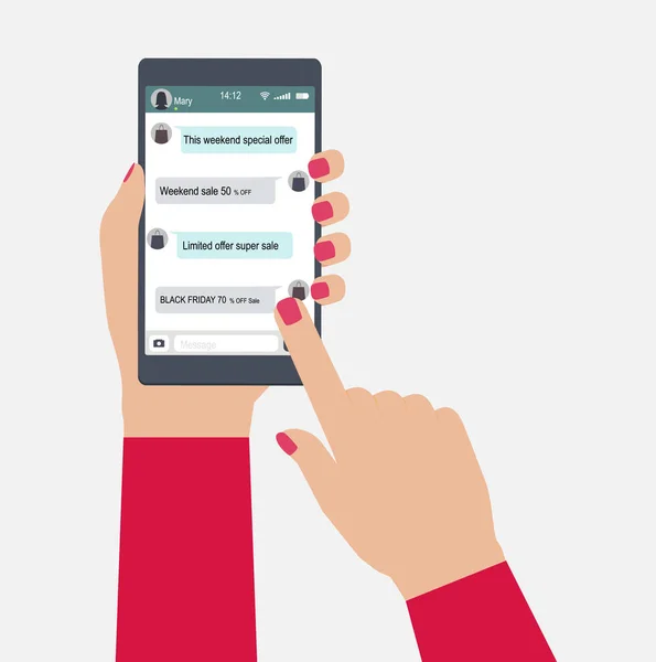 Ellerini tutar içinde app mesaj işlevi sayesinde cep telefonu. — Stok Vektör