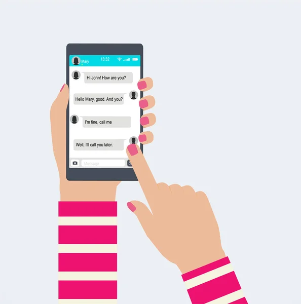 Ellerini tutar içinde app mesaj işlevi sayesinde cep telefonu. — Stok Vektör