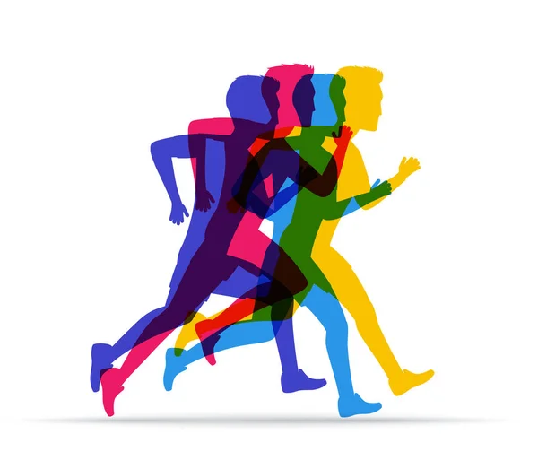Maratonlopp, folk springa i olika positioner. — Stock vektor