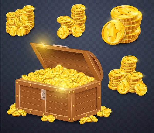 Old wooden chest with gold coins. Many treasures in game style. — Stock Vector