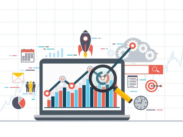 Web analytics statistiques sur l'information et le développement. Concept moderne de stratégie d'affaires, information de recherche, marketing numérique, processus de programmation . — Image vectorielle