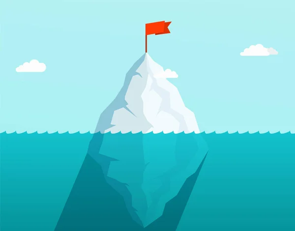 Iceberg no oceano flutuando nas ondas do mar com bandeira vermelha no topo . —  Vetores de Stock
