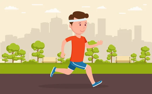 Hombre corriendo en el parque en medio de una gran ciudad. Dibujos animados ilustración de un corredor — Vector de stock