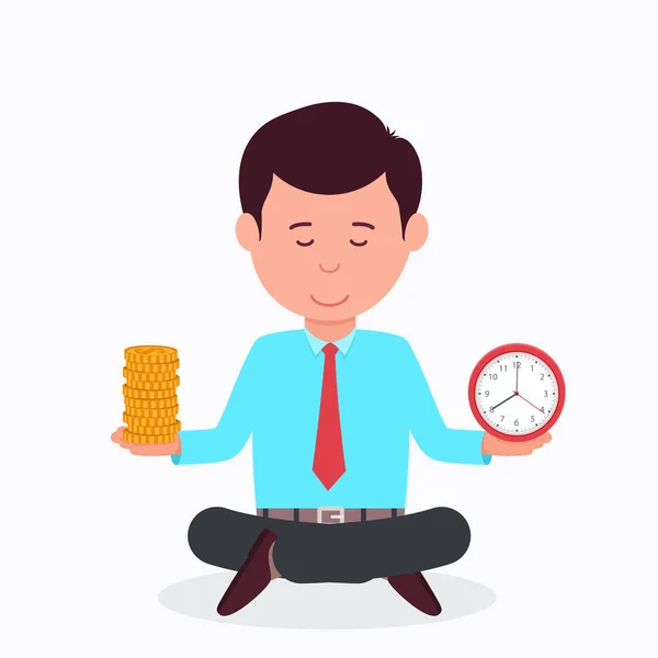 Działalności człowieka, siedząc w pozycji lotosu z zegarem i pieniądze. — Wektor stockowy