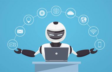 Sohbet bot, robot sanal yardım. Robot etrafında yardım simgeleri ile bir dizüstü bilgisayar oturur.