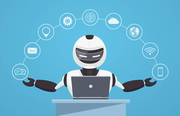 Чат-бот, робот-виртуальный помощник. Робот сидит за ноутбуком с иконками помощи вокруг него
.