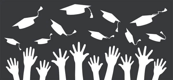 Hands of graduates throwing graduation hats in the air. — Stock Vector