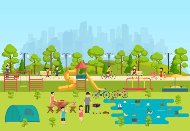 Bir bahçesi ve bir göl ile kamu park Park'ta kamp.
