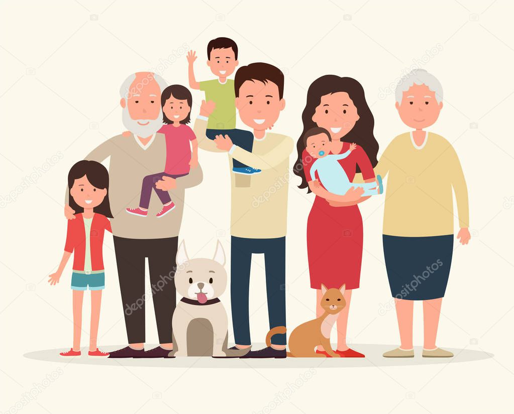 Big family together. Parents and children, grandparent along with the animals.