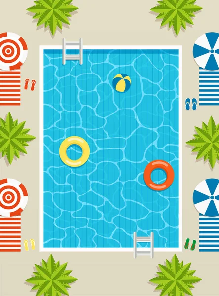Pohled shora na bazén s lehátky a slunečníky. — Stockový vektor