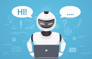 Robot dizüstü arkasında. Sohbet bot, sanal bir online asistan kavramı.