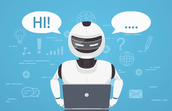 Ρομπότ πίσω από το φορητό υπολογιστή. Έννοια του chat bot, μια εικονική βοηθός σε απευθείας σύνδεση. — Διανυσματικό Αρχείο