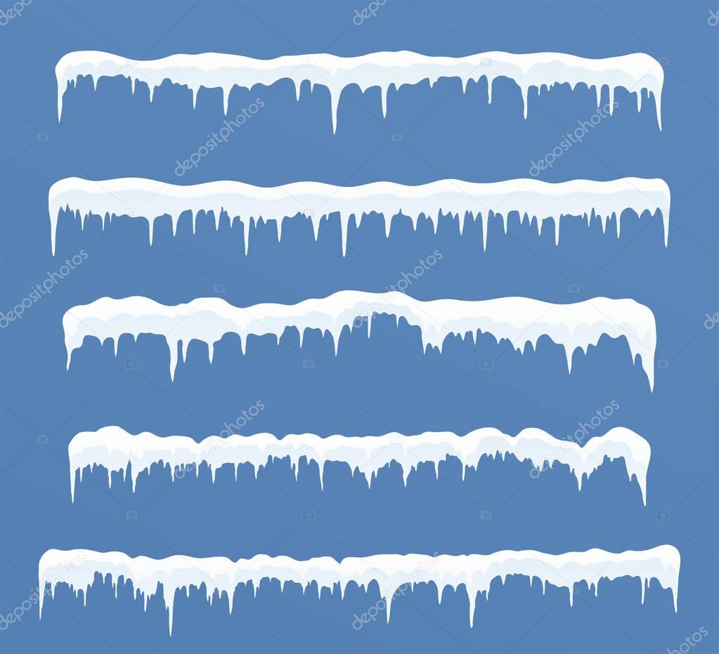 Set of long ice caps. Snowdrifts, icicles, elements winter decor