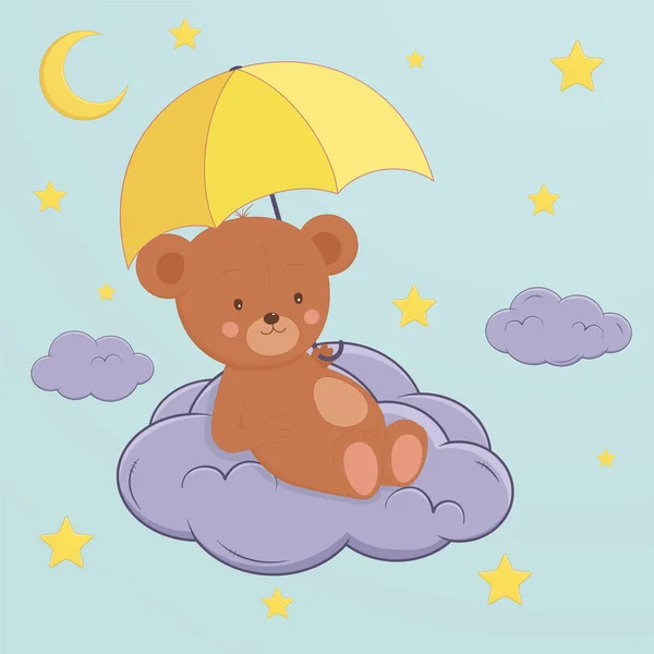 Carino orso siede sulla luna sotto un ombrello . — Vettoriale Stock