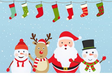 Noel Baba, kardan adam ve geyik kar üzerinde Noel kompozisyonu