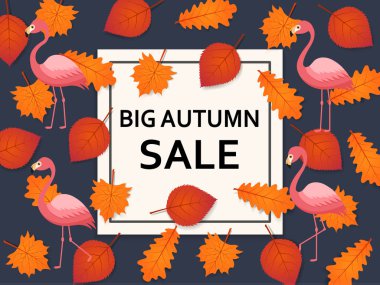 Yaprakları, flamingo ve afiş içinde sonbahar satış arka plan. 