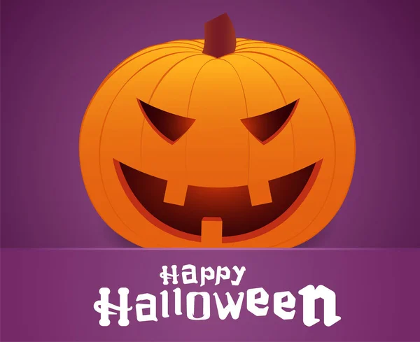 Feliz Halloween. Cara de calabaza sonriente sobre fondo púrpura. Tarjeta de felicitación . — Archivo Imágenes Vectoriales