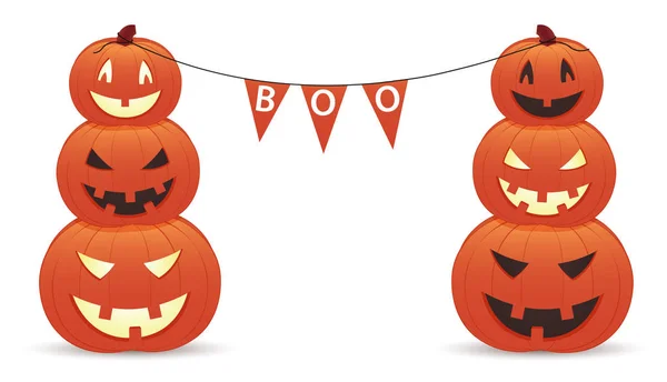 Funny sonriente calabazas con inscripción boo . — Vector de stock