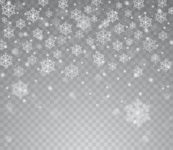 Chute de neige transparente brillante. Neige de Noël avec flocons de neige — Image vectorielle