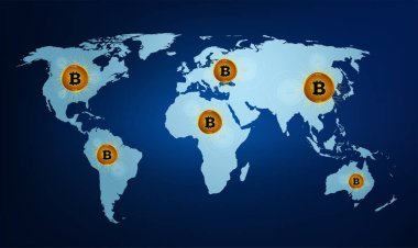 Dünya Haritası üzerinde dijital Döviz Alım bitcoin. 