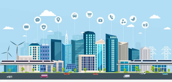 Smart City con letreros de negocios. Concepto en línea ciudad moderna . — Vector de stock